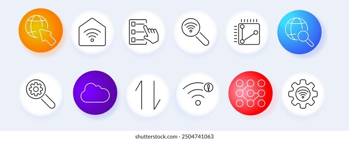 Icono de conjunto de búsqueda en Internet. Globo, casa, lista de comprobación, Wi-Fi, análisis, equipo, nube, Cargar, Descarga, datos, digital, Vector, tecnología, conectividad, red.