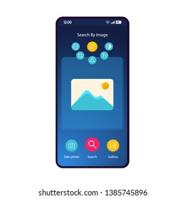 Internet search smartphone interface vector template. Mobile app page black design layout. Online browser, search bar screen. Flat UI for application. Latest news, pictures, videos. Phone display