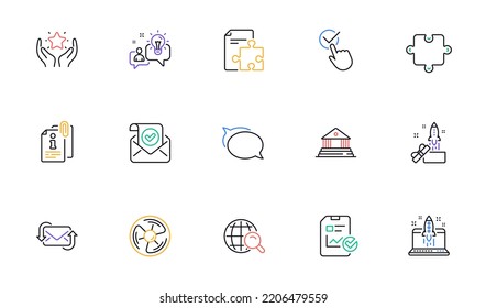 Internet search, Strategy and Report checklist line icons for website, printing. Collection of Innovation, Puzzle, Confirmed mail icons. Idea, Air fan, Talk bubble web elements. Ranking. Vector