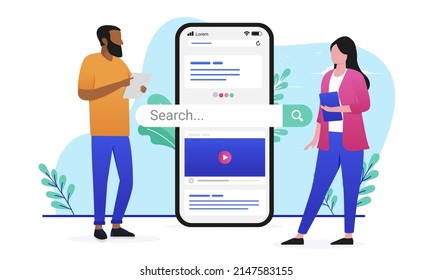 Internet search - Vector illustration of two casual business people standing with smartphone and search bar on screen. Flat design