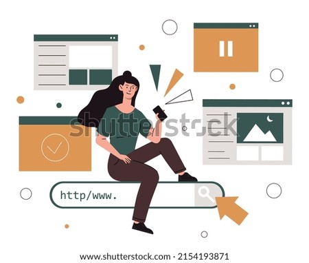 Internet search or www browsing concept. Young smiling woman sitting on search bar, holding smartphone and looking for information on social networks or websites. Cartoon flat vector illustration