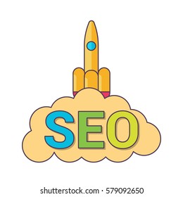 Internet searching optimization - SEO word typography with rocket, flat style vector illustration
