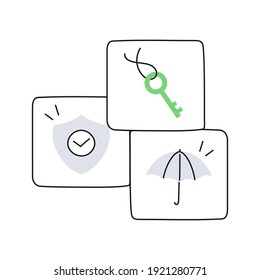 Internet secure icon set. Key, shield and umbrella. Protection, authentification, access. Thin line vector illustration.