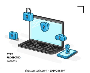 Internet security 3d isometric illustration with laptop and mobile phone protected, security icons, blue and grey outline colored composition