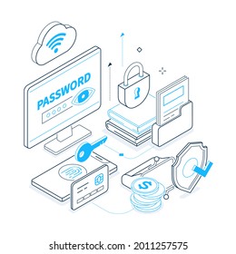 Internet security - black and blue isometric line illustration. Personal data protection and antivirus idea. Password entering, software bag, alarm system, credit card, security, virus removal