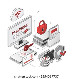 Internet security - black and red isometric line illustration. Personal data protection and antivirus idea. Password entering, software bag, alarm system, credit card, security, virus removal