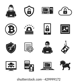 Internet security black white icons set with bitcoin alarm data protection spy program hacker isolated vector illustration