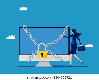 Internet Security. Businesswoman and computer locked with padlock. vector 