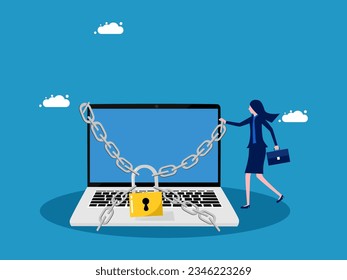 Internet Security. Businesswoman and laptop locked with a padlock. vector 