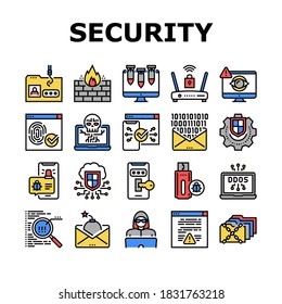 Internet Security Collection Icons Set Vector. Internet Ddos Computer Attack And Flash Drive With Virus, Binary Code In E-mail Message And Hacker Concept Linear Pictograms. Color Contour Illustrations