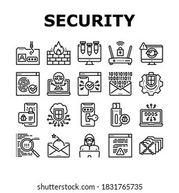 Iconos de la colección de seguridad de Internet Set Vector. Ataque De Computadora Ddos De Internet Y Flash Drive Con Virus, Código Binario En Mensajes De Correo Electrónico E Ilustraciones De Contorno Negro Hacker