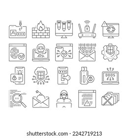 Iconos de la colección de seguridad de Internet Set Vector. Ataque De Computadora Ddos De Internet Y Flash Drive Con Virus, Código Binario En Mensajes De Correo Electrónico E Ilustraciones De Contorno Negro Hacker
