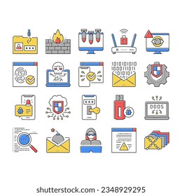 Iconos de la colección de seguridad de Internet Set Vector. Ataque De Computadora Y Flash Drive Con Virus, Código Binario En Mensaje De Correo Electrónico Y Pictogramas Lineales De Concepto Hacker. Ilustraciones de contorno de color