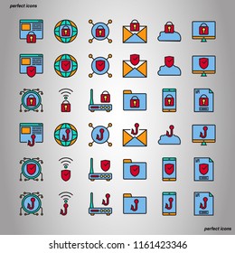 Internet Security Color Line Icons perfect pixel. Use for website, template,package, platform. Concept object UI,UX design.