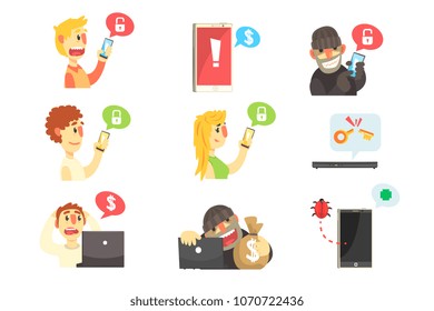 Internet Security And Computer Protection Against Criminal Hackers Stealing Passwords And Money Series Of Info Illustrations