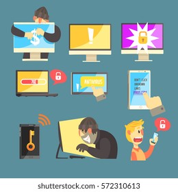 Internet Security And Computer Protection Against Criminal Hackers Stealing Passwords And Money Set Of Info Illustrations