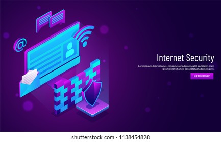 Internet Security concept based, isometric illustration of mail envelope with firewall and security shield. Responsive landing page design for website or mobile app. 