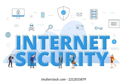 internet security concept with big words and people surrounded by related icon spreading with modern blue color style