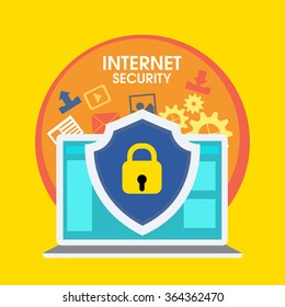 Internet Security concept with illustration of lock on laptop and other infographic elements for Business.