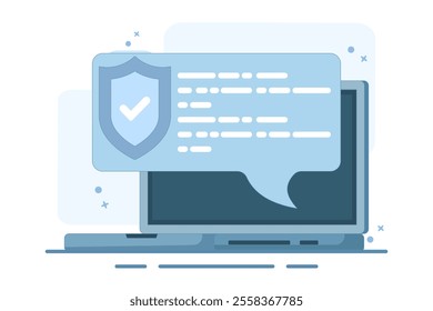 internet security concept, laptop security message speech bubble, shield check mark icon, privacy, online protection, flat cartoon, antivirus sign. flat vector illustration on background.