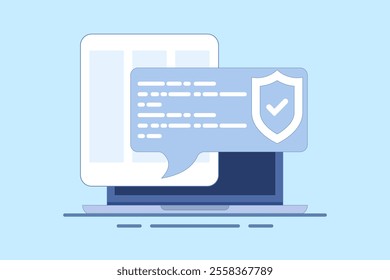 internet security concept, laptop security message speech bubble, shield check mark icon, privacy, online protection, flat cartoon, antivirus sign. flat vector illustration on background.