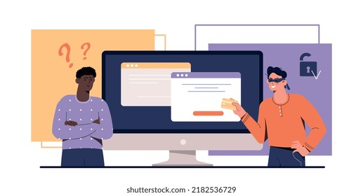 Internet security concept. Man pays for purchases with card on Internet, hacker trying to steal personal data. Antivirus for protection against hacking, software. Cartoon flat vector illustration