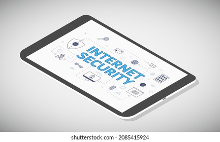 concepto de seguridad de internet en la pantalla de tableta con estilo isométrico 3d