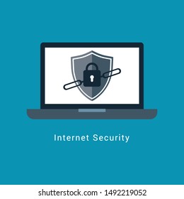 Internet security concept. Online safety, data protection, cloud computing. Flat vector icon for web design with desktop computer.