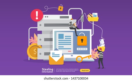internet security concept with people character. password phishing attack. stealing personal information data web landing page, banner, presentation, social, print media template. Vector illustration