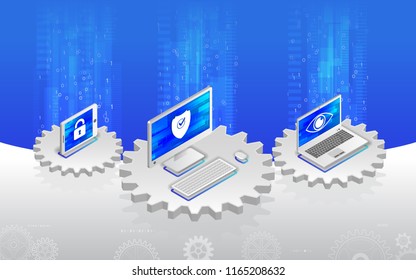 Internet security concept. Privacy protection antivirus hack. Flat 3d isometric illustration. Cyber crime and data protection with computer, laptop and tablet.