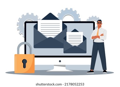 Internet security concept. Programmer improves companys data and email protection system. Antivirus, phishing and tracking. Modern technologies and digital world. Cartoon flat vector illustration