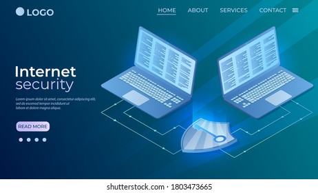Internet security.The concept of secure data transmission over the world wide web.Use of antivirus programs.The template of the landing page.Isometric vector illustration.
