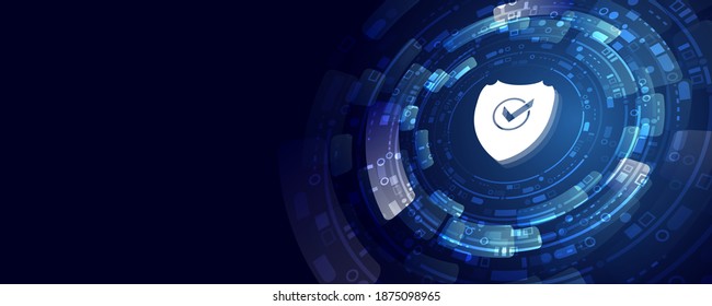 Internet security concept with shield and hi-tech technology elements background. Cyber Security and information or network protection.