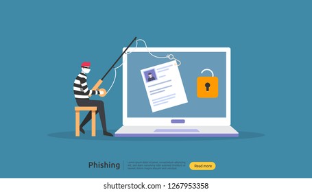 internet security concept with tiny people character. password phishing attack. stealing personal data. web landing page, banner, presentation, social, and print media template. Vector illustration