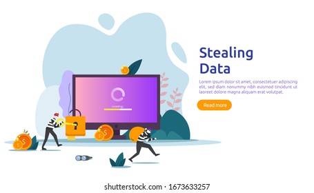 concepto de seguridad de internet con un pequeño personaje de la gente. ataque de phishing de contraseña. robo de datos personales. página de inicio web, banner, presentación, social y plantilla de medios impresos. Ilustración del vector