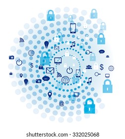Internet security Concept vector design. Blue concentric circles with Locks and social network icons