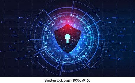 Internet security concept.Security of protect Internet computer virus attack with shield icon on Blue abstract background.