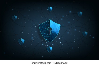 Internet security concept.Shield network symbol on dark blue background.Illustrates cyber data security.Vector illustration 3D protection. 