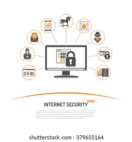 Internet Security and Crime Concept with Icon Set for Flyer, Poster, Web Site Like Hacker, Virus, Spam and Safe. isolated vector illustration