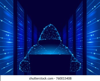 Internet Security Cyber Attack Business Concept Low Poly. Anonymous Hacker At The Laptop Computer Blue Finance Danger. Server Room Rack Polygonal Point Line Dot Geometric Design Vector Illustration