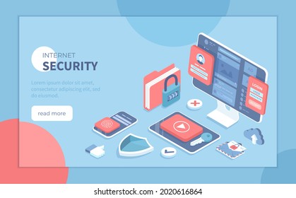 Internet security, Cybersecurity, Protection of personal data. Password protection, touch id, face id. Isometric vector illustration for poster, presentation, banner, website.