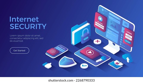 Internet security, Cybersecurity, Protection of personal data. Password protection, touch id, face id. Isometric landing page. Vector web banner.	
