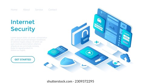 Internet security, Cybersecurity, Protection of personal data. Password protection, touch id, face id. Isometric illustration. Landing page template for web on white background.	
