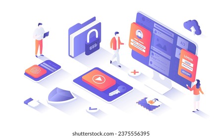 Internet security, Cybersecurity, Protection of personal data. Password protection, touch id, face id. Isometry illustration with people scene for web graphic.	
