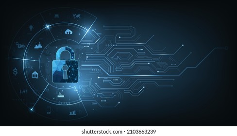 Internet security and Data prevent concept.Security Padlock lock  icon on dark blue background.Technology for online data access defense against hacker and virus.Technology security concept. 