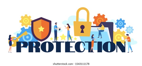 Internet security and data protection concept. Idea of digital information safety. Modern computer technology, confidential data. Vector illustration in flat cartoon style