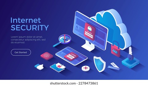 Internet security. Data protection concept. Safety and confidential data protection. Safe internet technologies. Isometric landing page. Vector web banner.	
