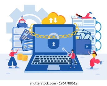 Internet Security, Data Protection. Secure payment. A lock on a chain around the computer symbolizes internet security, user data protection. Vector illustration