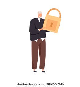 Internet security, data protection, secure access, confidentiality and privacy concept. Tiny person holding big strong solid padlock. Colored flat vector illustration isolated on white background