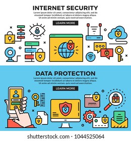 Internet security, data protection web banners set. Line art concepts. Creative modern flat design outline graphic elements, line icons, linear symbols, templates. Vector illustration